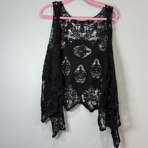 Black Crochet‎ Lace Vest Open Front Sleeveless Draped Boho
